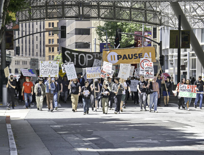 Protests at OpenAI, Anthropic, and DeepMind end with Pizza and Dancing at the Embarcadero
