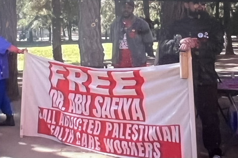 Banner Calling For Freedom For Dr Abu Safiya & All Palestine Healthcare Workers