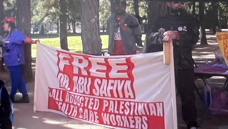 Banner Calling For Freedom For Dr Abu Safiya & All Palestine Healthcare Workers