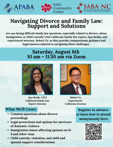 Navigating Divorce and Family Law event flyer with event description, photos of the speakers, and QR Code