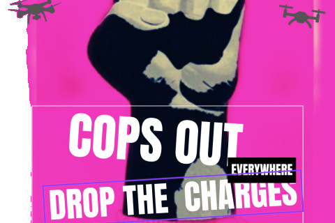 a raised fist over a background of grey drones and hot pink. white flier text reproduced in comment