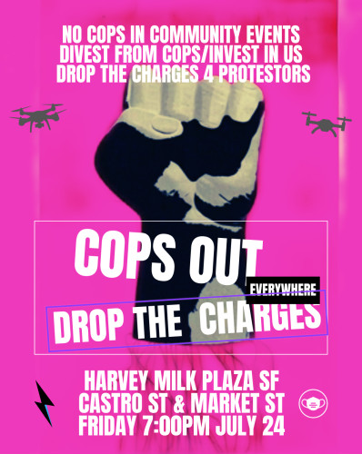 a raised fist over a background of grey drones and hot pink. white flier text reproduced in comment