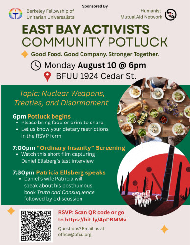 Images of potluck food and stylized demonstration against nuclear arms