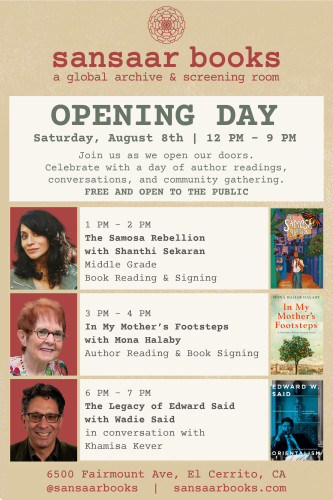 Tite of the bookstore with hours and a list of speakers for the grand opening