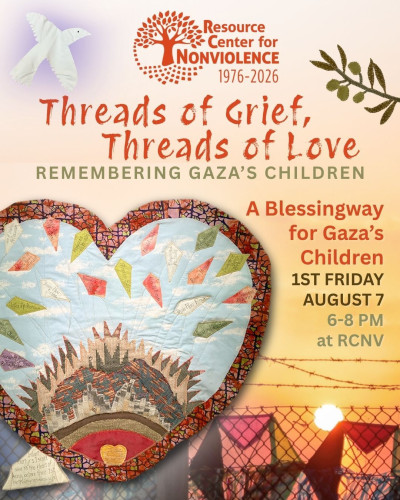 Heart & kite quilt with invitation to the Threads of Grief First Friday at RCNV