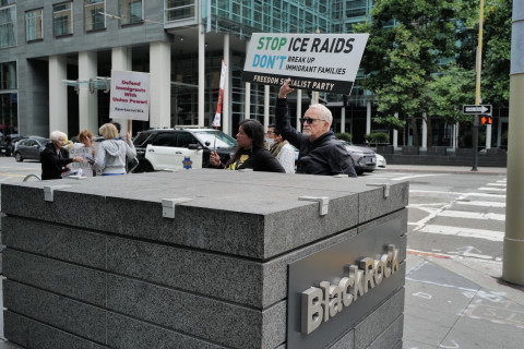 During a day of action, activists from the August 8 National Coalition” protested outside the downtown offices of BlackRock, the world’s ...