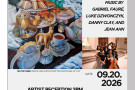 image of a painting and an image of a group of musicians, surrounded by text information on the concert event