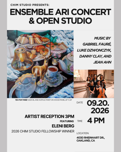 image of a painting and an image of a group of musicians, surrounded by text information on the concert event