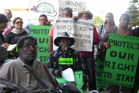 2008 photo of some California Hotel tenants protesting against their evictions by the Oakland Community Housing, INC., a non profit housi...