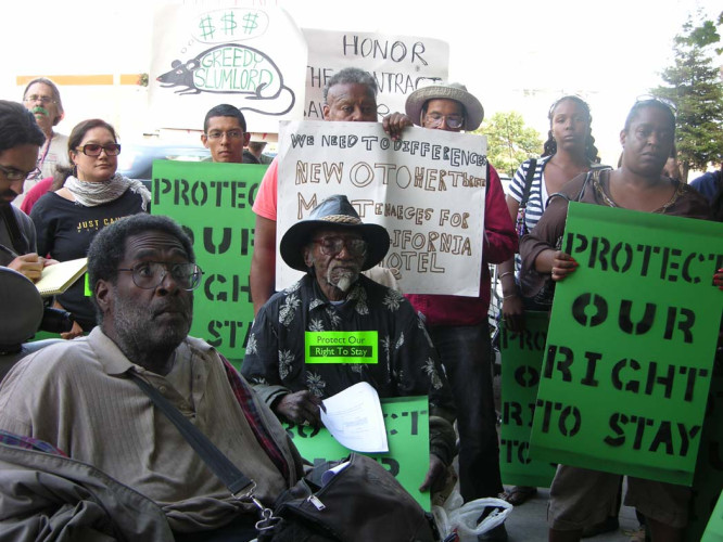 2008 photo of some California Hotel tenants protesting against their evictions by the Oakland Community Housing, INC., a non profit housi...
