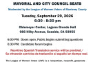Seaside mayoral and council candidate forum at Oldemeyer Center, Sept 29, 2026 flyer. Event is 6:30 pm to 8:30 pm. Doors open 6 pm.