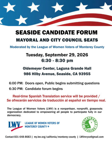 Seaside mayoral and council candidate forum at Oldemeyer Center, Sept 29, 2026 flyer. Event is 6:30 pm to 8:30 pm. Doors open 6 pm.
