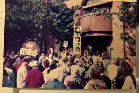 A 1999 protest in front of KPFA. Lynda Carson photo.