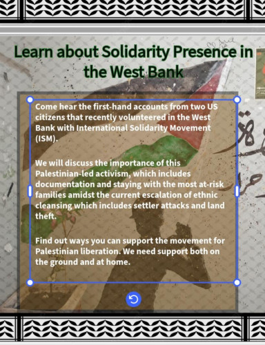 Event flyer with mural of figure holding a Palestinian flag in the background. The top and bottom border features the olive leaf motif.