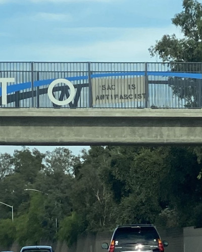 12+ banners dropped in response to Patriot Front banner drop in Sacramento