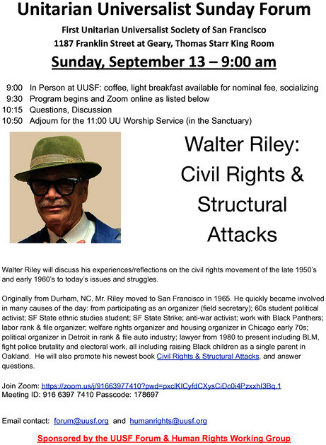 9-13-26 Walter Riley at UUSF's Forum