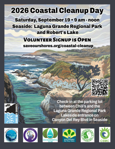 Flyer for Coastal Cleanup Day in Seaside, Sept 19, 9am-noon. Visit https://saveourshores.org/coastal-cleanup