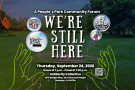 A wide flyer for a People’s Park Community Forum titled “WE’RE STILL HERE.” The design shows a darkened, tree-lined park in the background