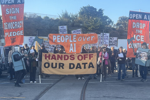Protesters rallied at the Open AI developers conference to demand an end of the use of AI 