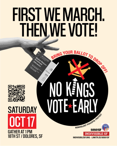 cream background with heading reading 'FIRST WE MARCH THEN WE VOTE!'. A hand holding a ballot and a black circle reading 'NO KINGS VOTE EARL