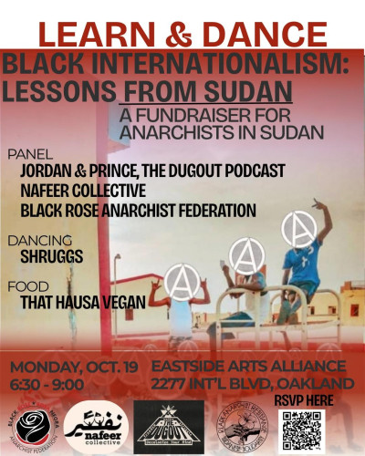 Flyer for upcoming talk and dance party. Three people in the center with hands in air and circle-A's for their heads in front of houses.