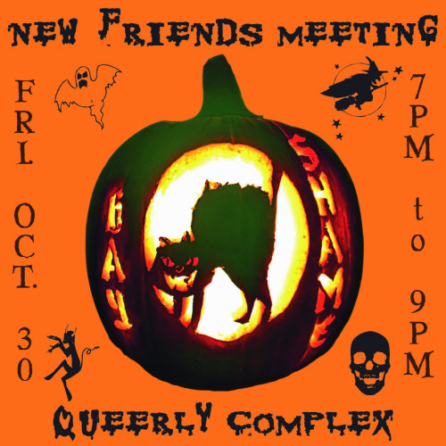 an overexposed photo of a lit pumpkin, carved with the words "gay shame" and an evil cat is surrounded by scary clip art; text in post