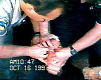 Pepper spray being applied to the eyes of a protester